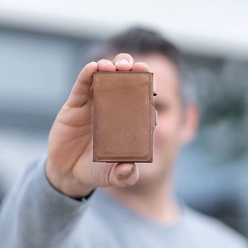 Pop-Up Credit Card Case with RFID Protection Genuine Leather Wallet with Compartment for Notes and Coins for Men and Women