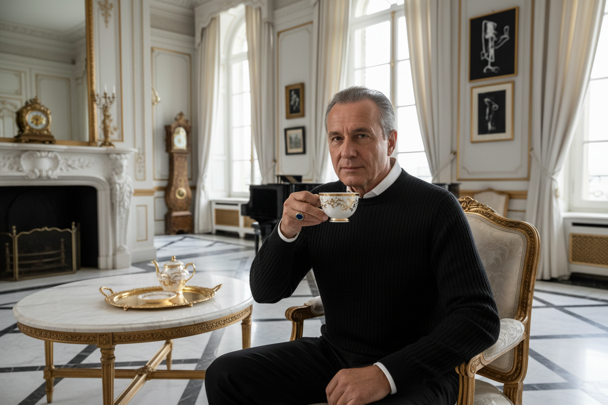 Faça uma imagem de um homem europeu tomando um café com um estilo old money, valorize o as cores padroes do site branco, preto e dourado
